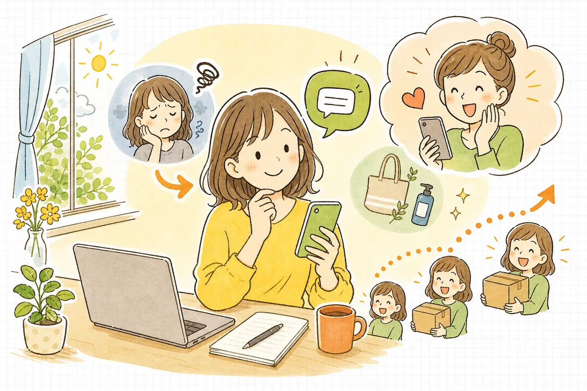 相手ごとに配信を分けられるようになり、ブロックを恐れず落ち着いてLINEを送れるようになった前向きなEC担当者の情景