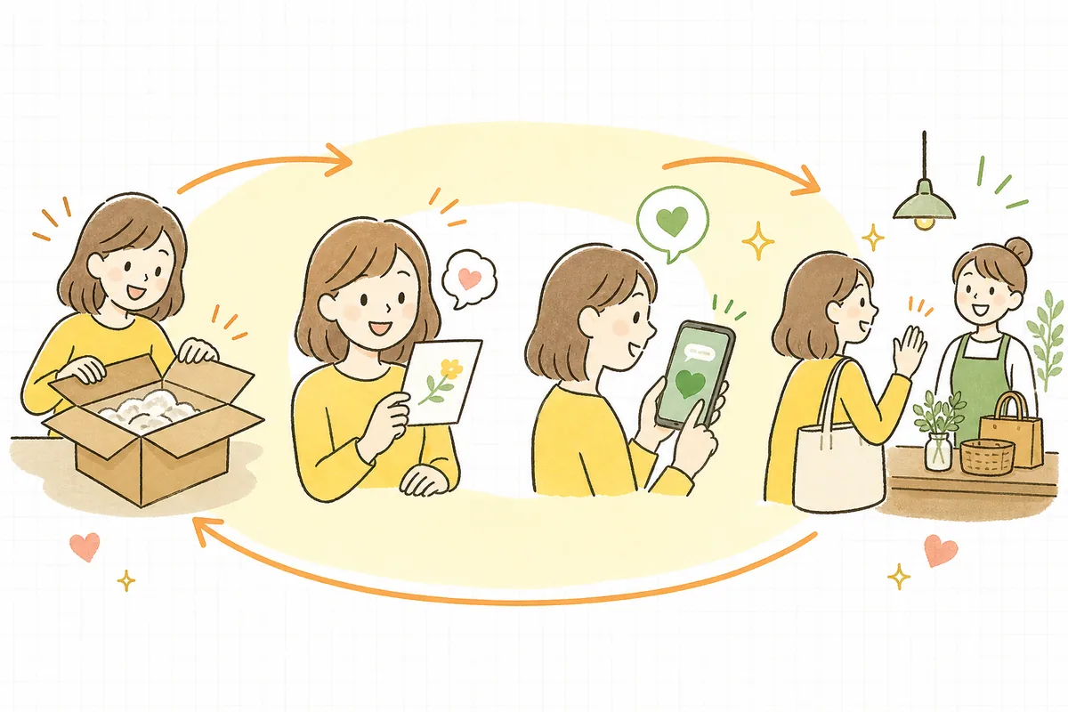 購入したお客さんが同梱カードやサンクスページをきっかけにLINE友だちになり、その後くり返し来店してくれる流れを表した図