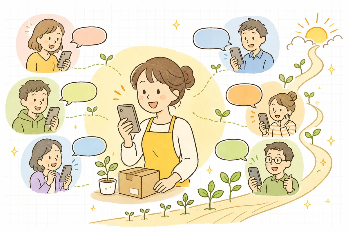 LINEでつながったお客さんと、配信を通じて関係を育てていくEC担当者が信頼でつながっている明るい様子