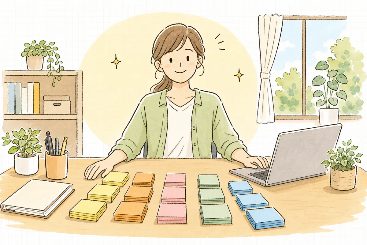 付箋をきれいに分類し終え、これで狙って手を入れられると前向きな表情になったEC担当者
