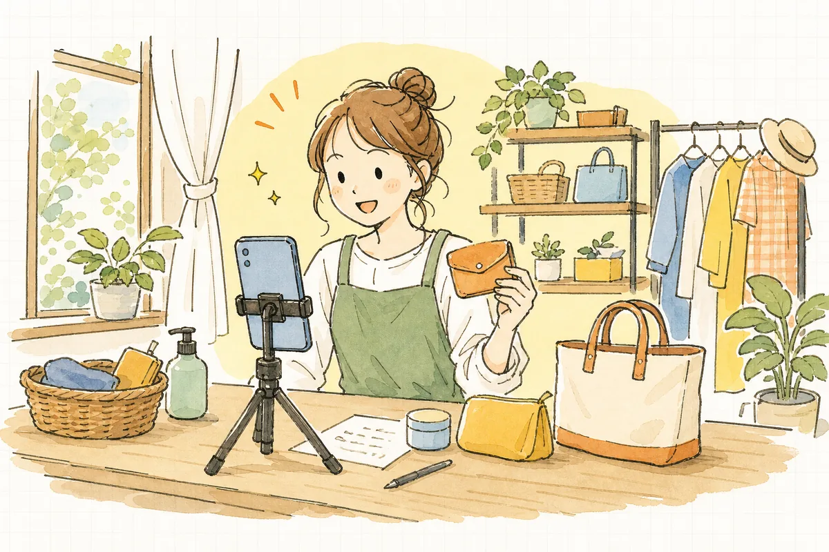 小さなネットショップの一角で、スマホを三脚に立てて商品を手に取りながら、緊張しつつも前向きにライブ配信を始めようとしているEC担当者