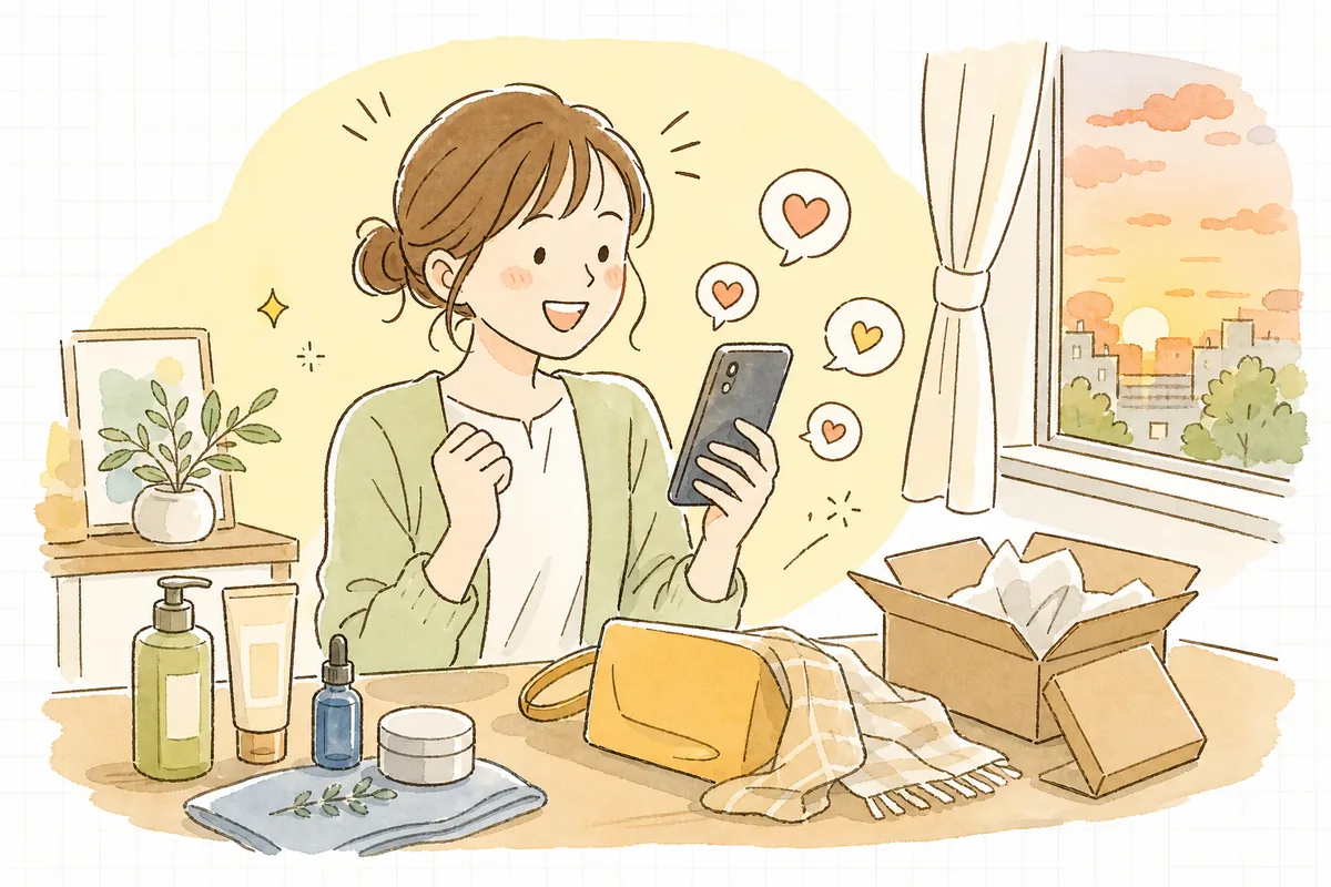 初めてのライブ配信を終えたEC担当者が、視聴者からの温かいコメントを見て、手応えと達成感に笑顔になっている明るい様子
