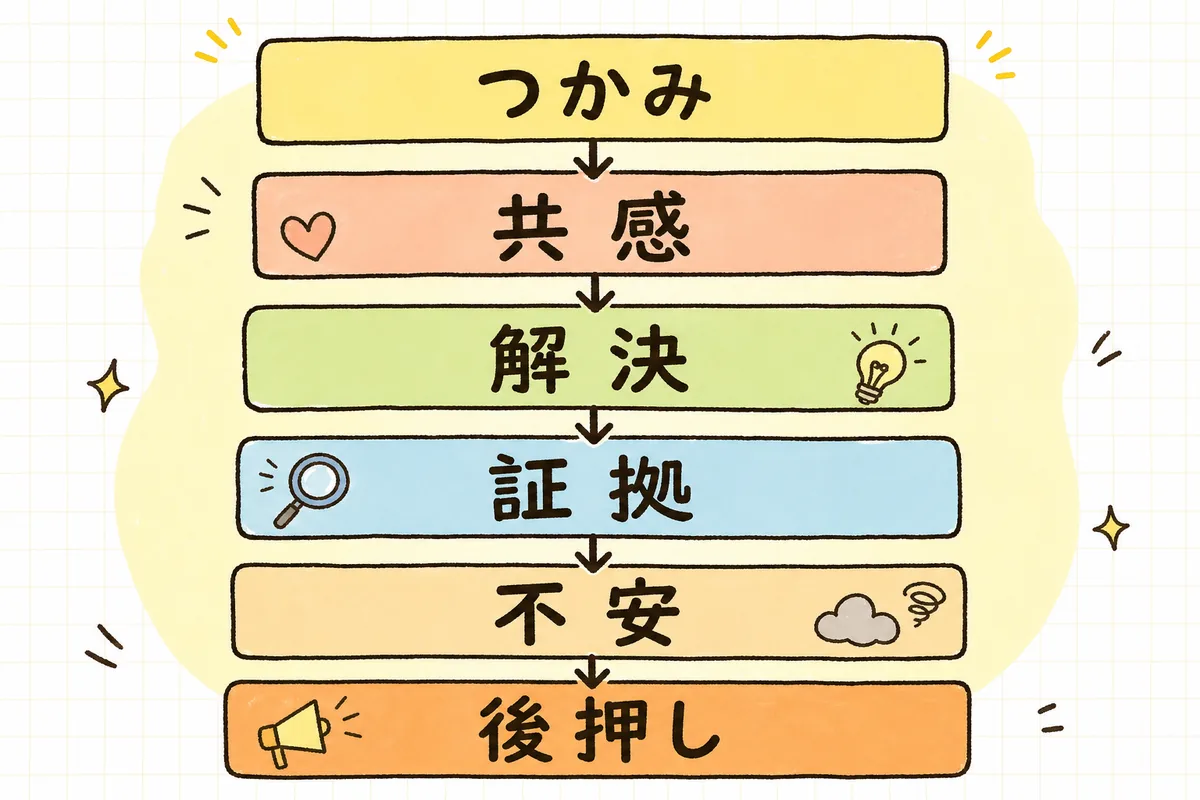 売れるLPの6ブロックを、つかみ・共感・解決・証拠・不安消し・後押しの順に上から縦に並べた構成図