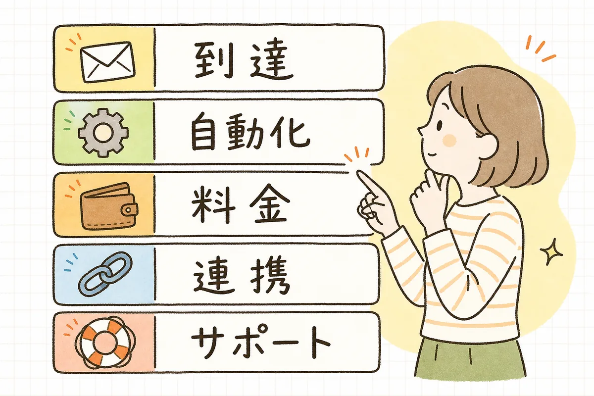 メール配信システム・MAツールを選ぶ5つの軸(到達・自動化・料金・連携・サポート)を並べた図