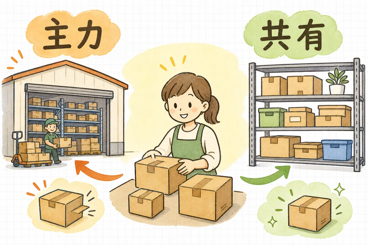 主力商品はモール倉庫へ、動きの遅い在庫や共有在庫は自社・3PL側へ振り分けることを示す概念図