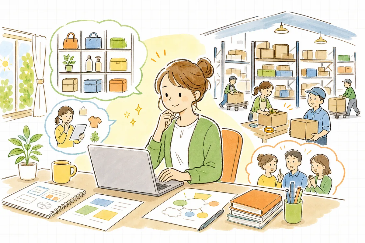 出荷を倉庫に任せ、在庫も整理されて、落ち着いて売る仕事に向き合えるようになった前向きなEC担当者の情景