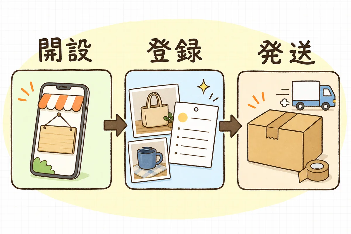 ショップ開設・商品登録・発送という、メルカリShops出店の3ステップを示した流れ図
