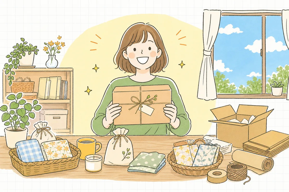 初めての注文が入り、心をこめて梱包した荷物を手に、うれしそうに前を向くお店の人の明るい情景
