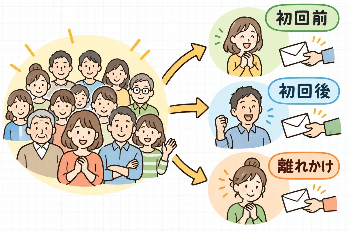 顧客を「初回前」「初回後」「離れかけ」の3グループに分け、それぞれに違う一言を届ける流れを示した図