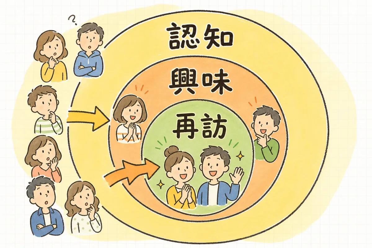 認知・興味・再訪の3つの相手に広告を分けて届ける考え方を、外側から内側へ向かう3つの輪で示した図