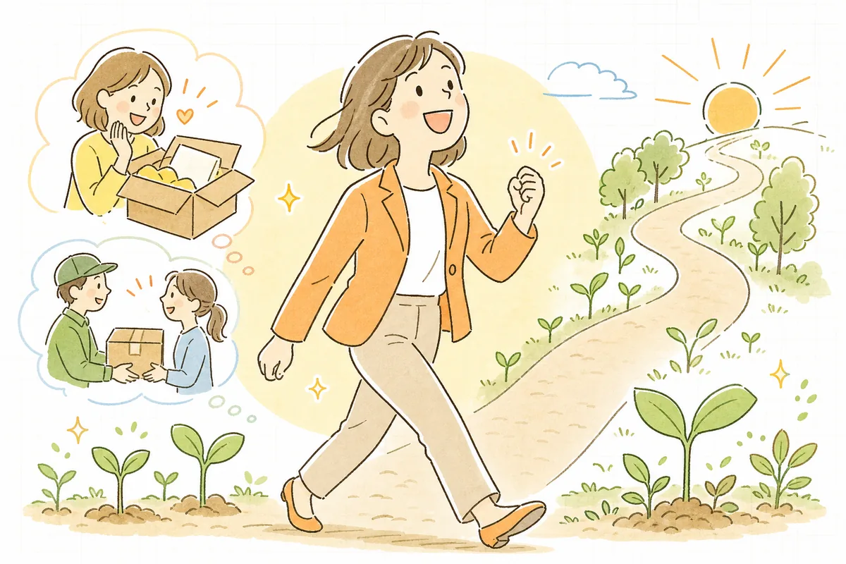 はじめてのMeta広告で新しいお客さんに商品が届き始め、明るい表情で前を向くEC担当者