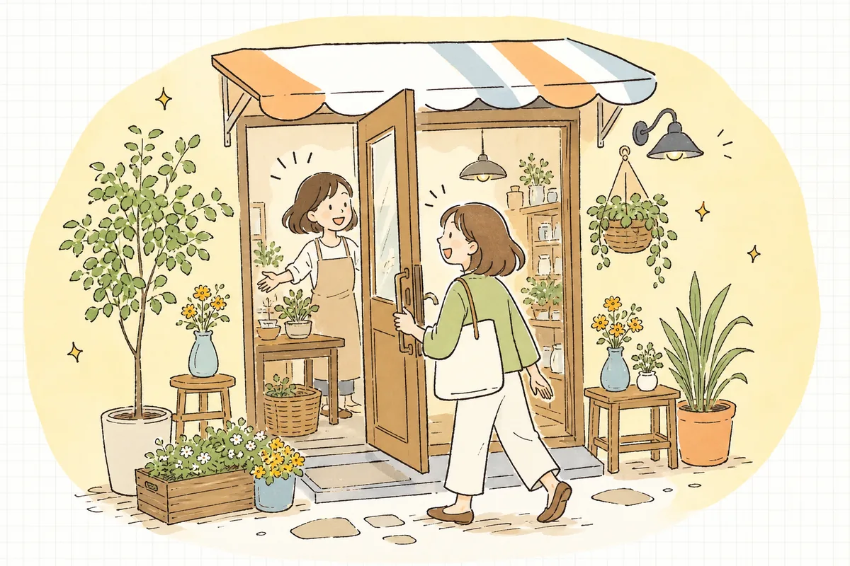 整えた看板に気づいたお客さんが、笑顔で店の扉を開けて入っていく明るい情景
