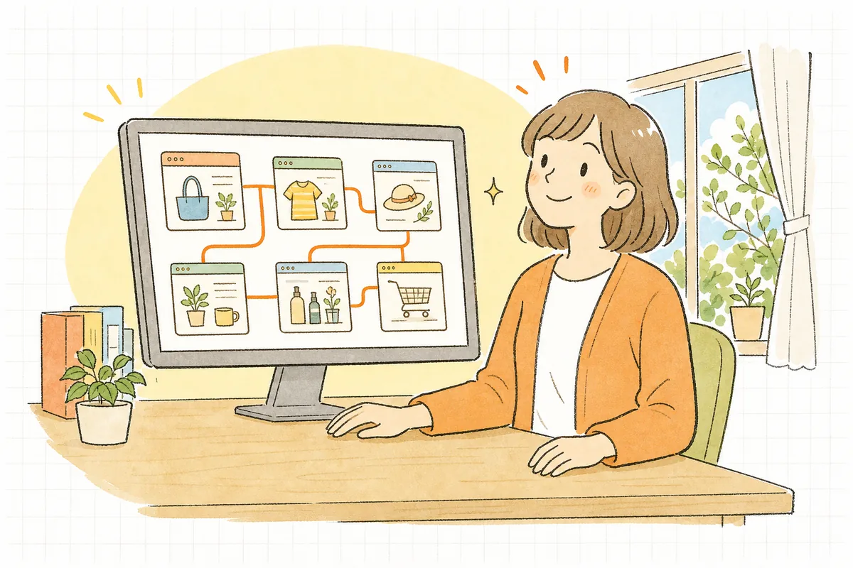 ページ同士がつながって、お客さんが気持ちよく店内を見て回れるようになり、手応えを感じて前を向くEC担当者の情景