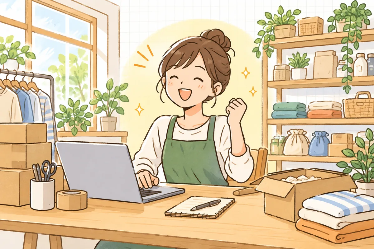 必要な準備を終えて、安心した明るい表情でネット販売の開店準備を進めるショップ担当者