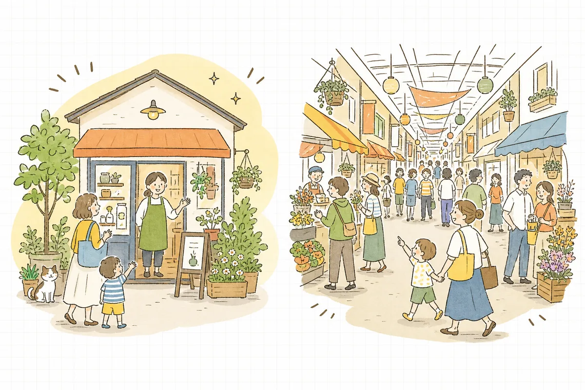 自社型とモール型の違いを表した概念図。独立した一軒のお店と、人が行き交う大きな商店街