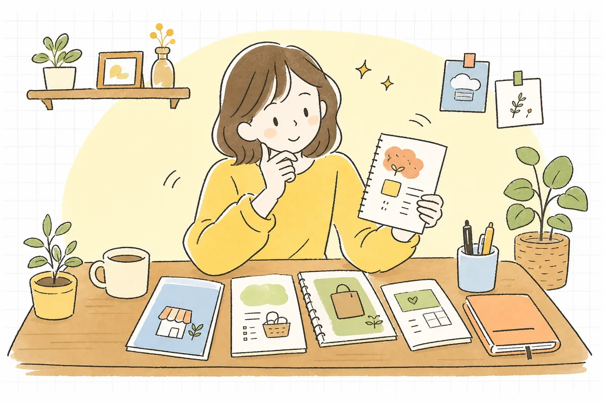 ノートに「どこで開業する？」と書き出しながら数枚のメモを並べて見比べている、これから店を始める人