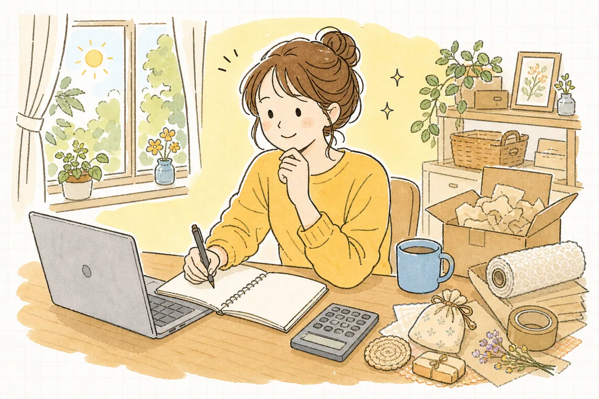 自宅の机で電卓とノートを前に、ネットショップ開業にいくらかかるかを書き出しながら少し前向きな表情になっている女性