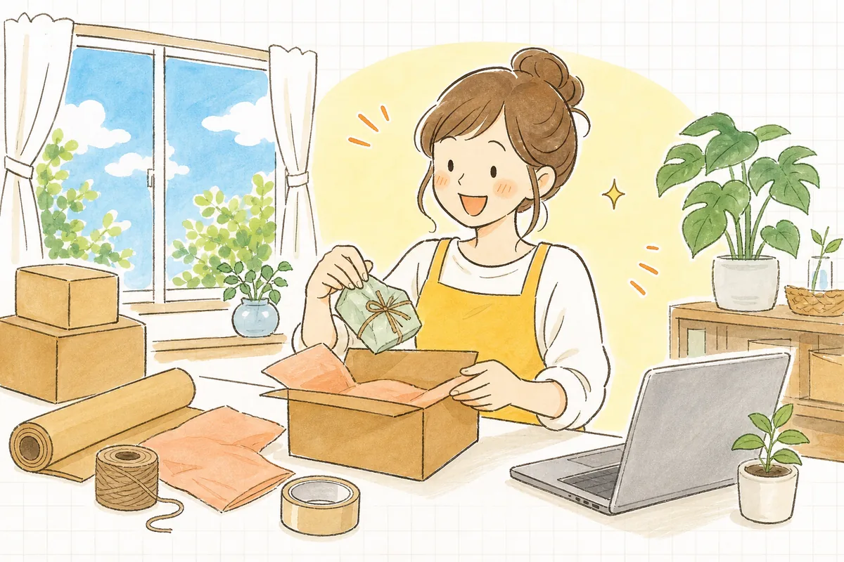 開いたばかりのネットショップの初注文の通知を見て、うれしそうに商品を梱包している開業したての女性