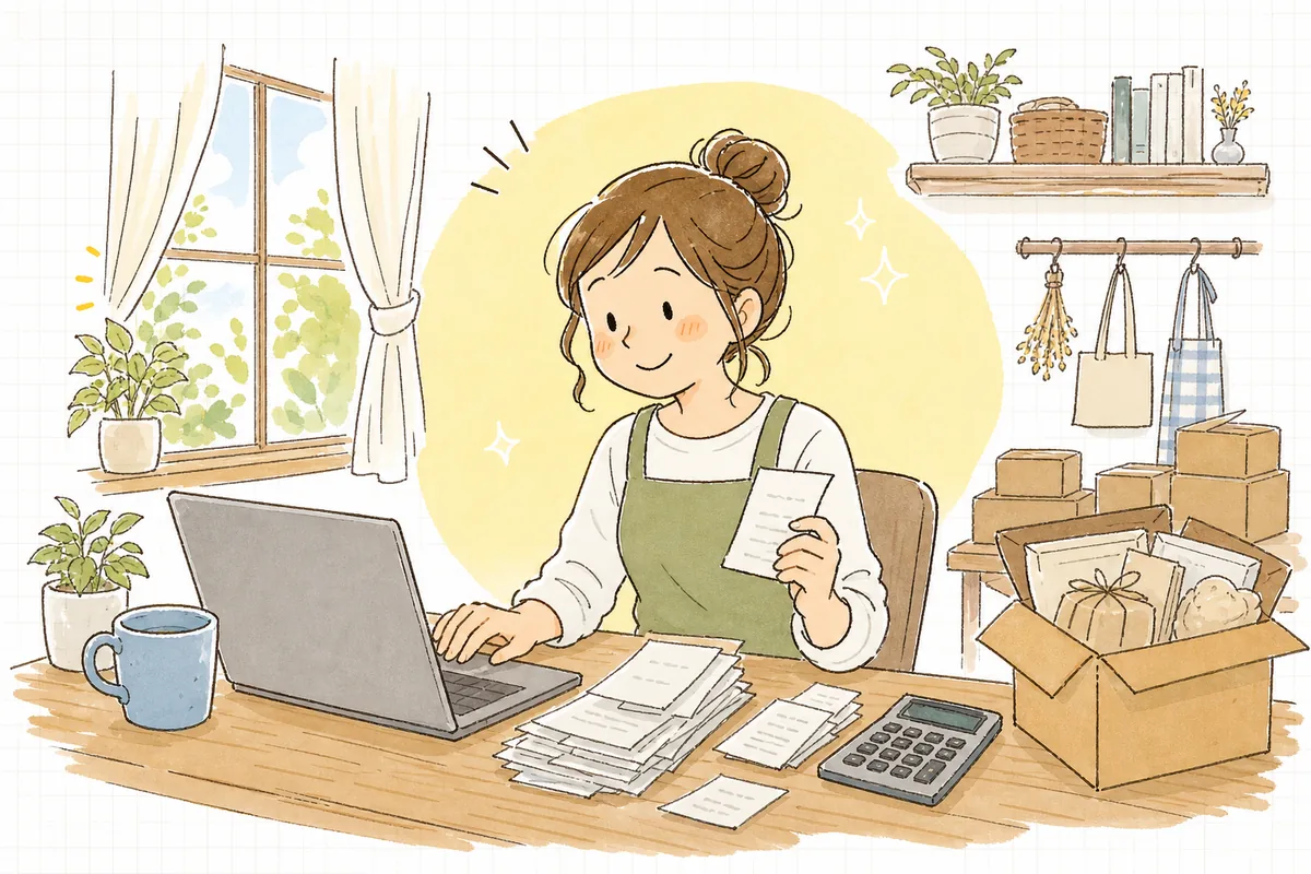 自宅の机でネットショップの売上と領収書を前に、確定申告の準備を少しずつ始めて表情が和らいでいる個人店主