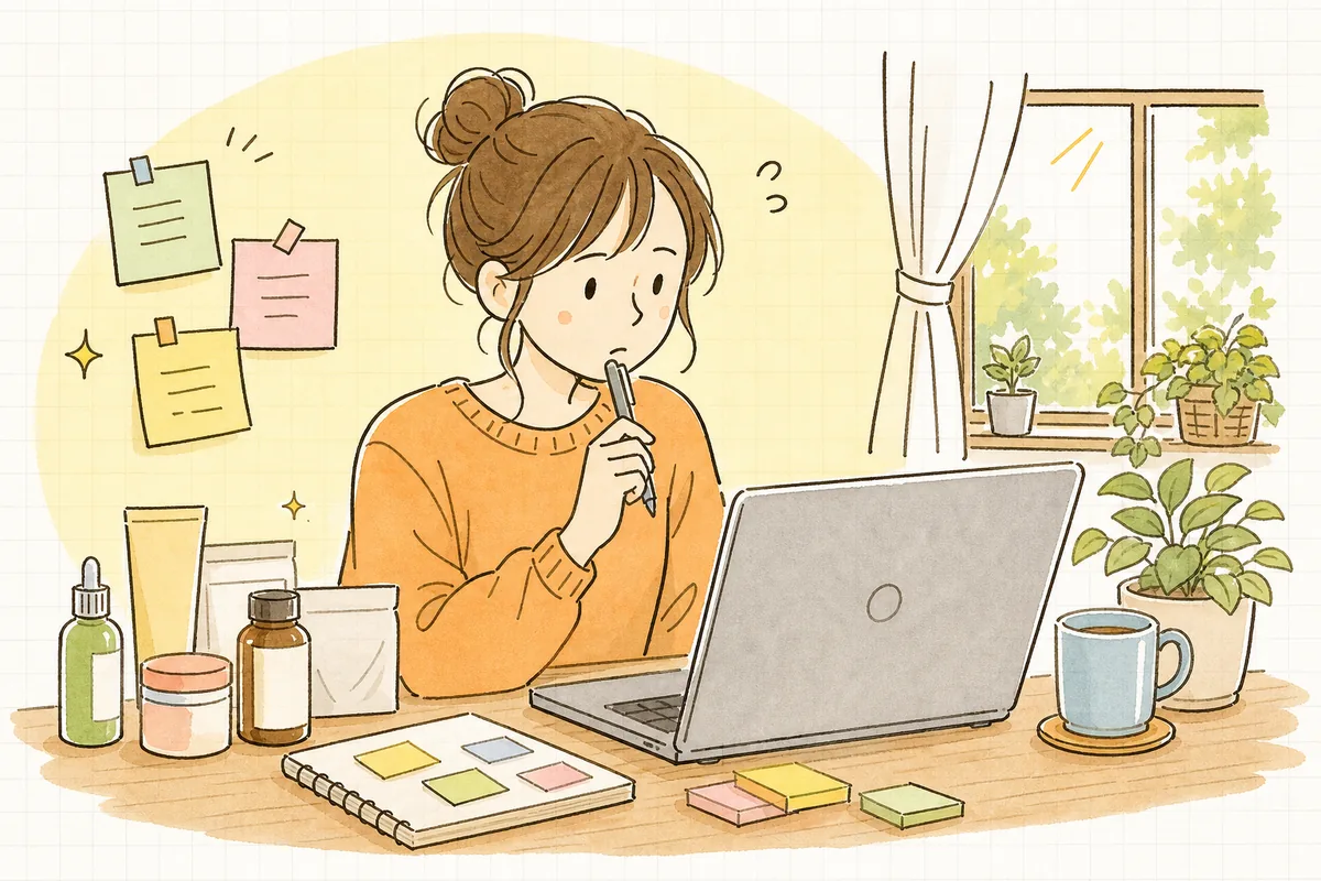 商品説明の下書きを前に「この言葉は書いて大丈夫かな」と手を止めて考え込むEC担当者