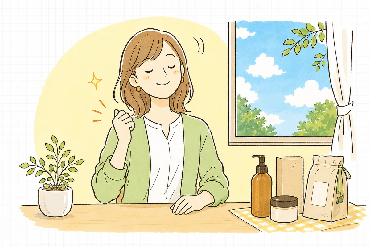 表現の不安が消えて、自信を持って商品ページを書き上げ晴れやかな表情になったEC担当者