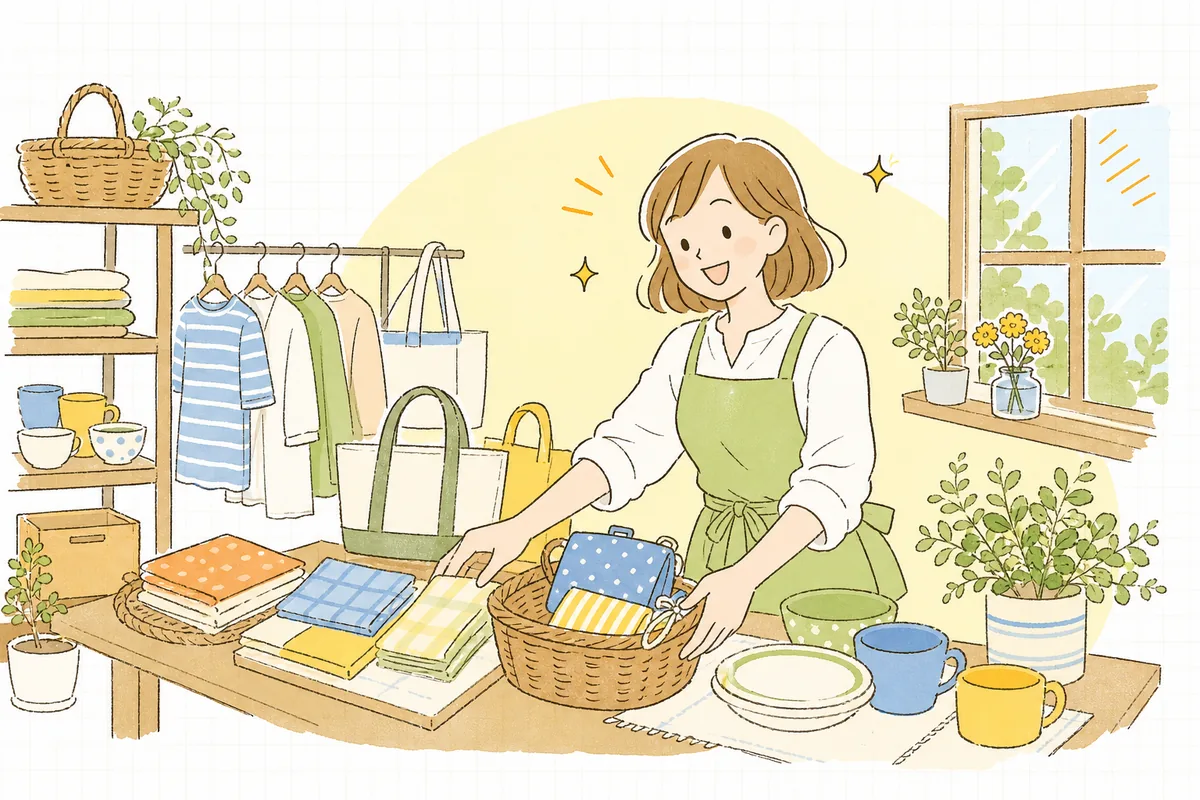 根拠を確かめ終えて、安心した明るい表情でセールの準備を進めるショップ担当者