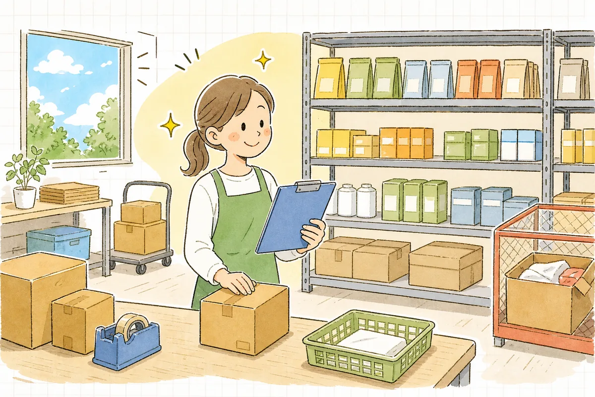 整った入荷スペースで棚入れを終え、正確な在庫台帳を前にすっきりとした表情のEC担当者の明るい様子