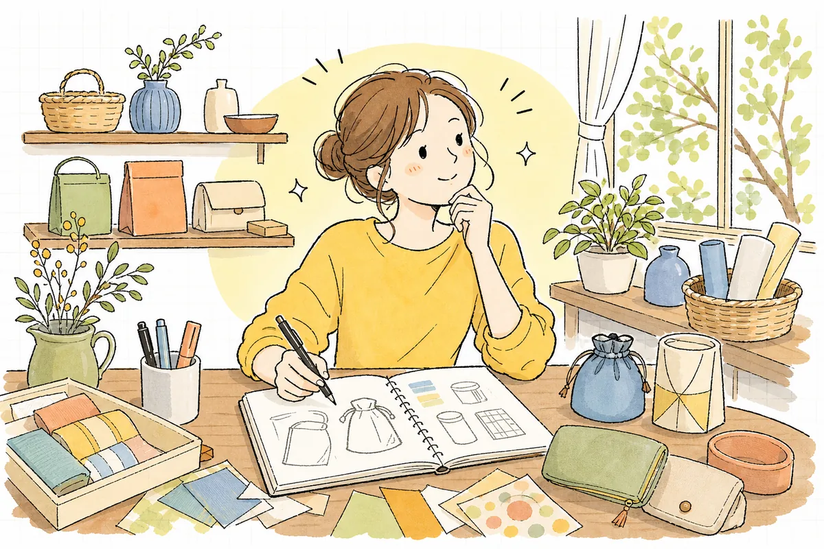 自宅の机でノートを広げ、作りたいオリジナル商品のイメージを描きながら、工場に問い合わせるべきか思案しているネットショップ運営者の女性