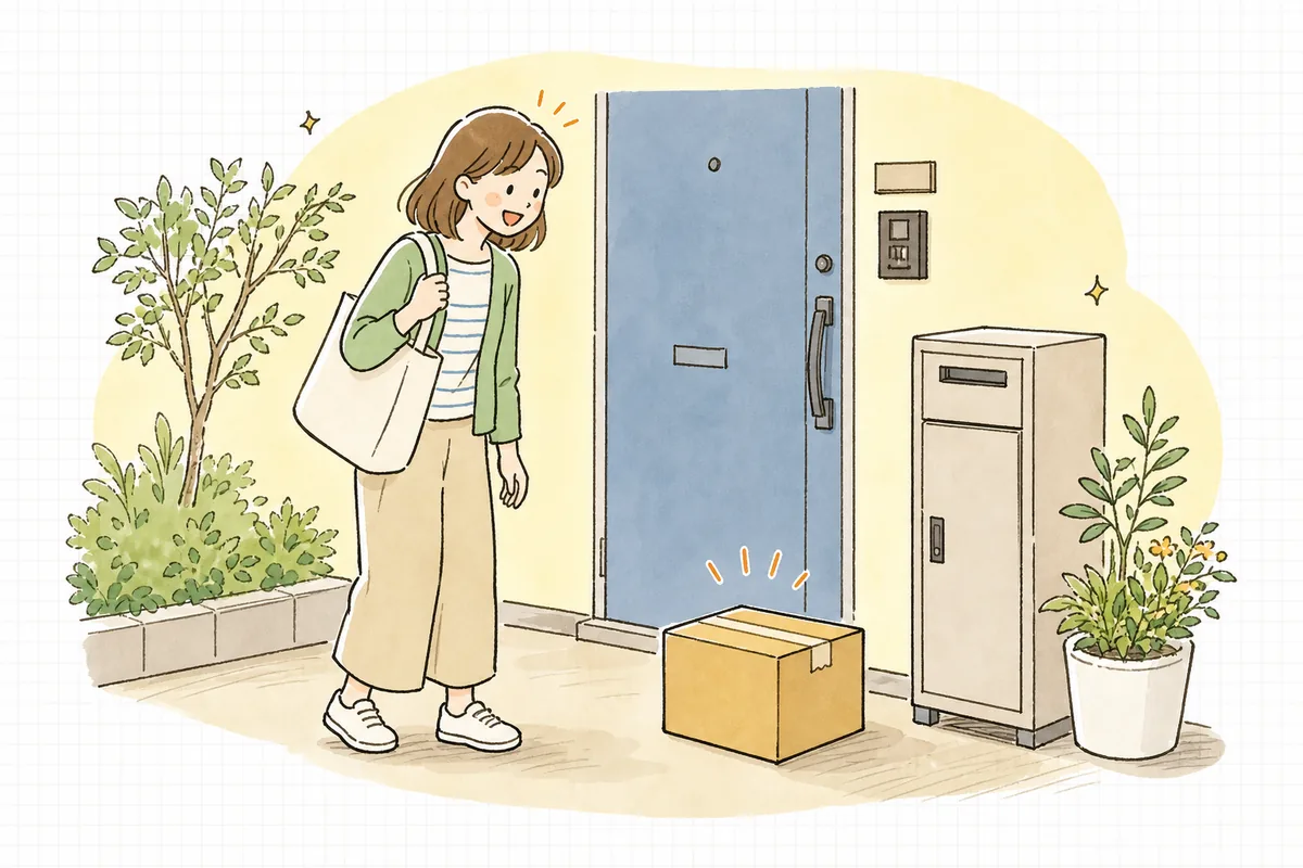 玄関前に置かれた荷物と、それを見つけて笑顔で受け取る住人、そして遠くで安心した表情のEC担当者を思わせる情景