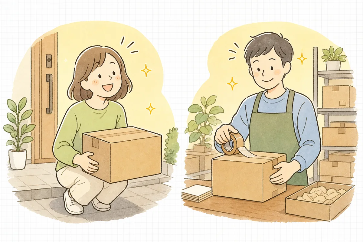 玄関前で無事に荷物を受け取れたお客さんと、問い合わせが減ってすっきりした表情で作業するEC担当者の明るい情景