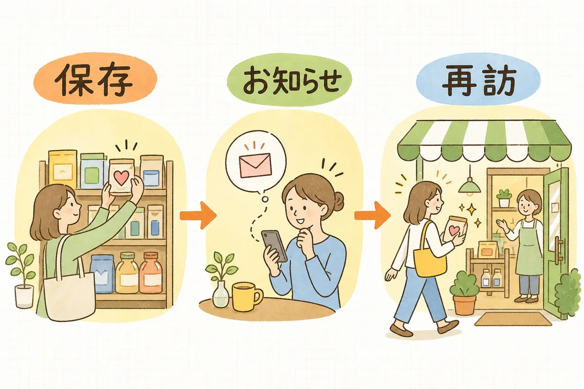 「保存」→「お知らせ」→「再訪」の3ステップで、お気に入りがもう一度の来店と購入につながる流れを示した図