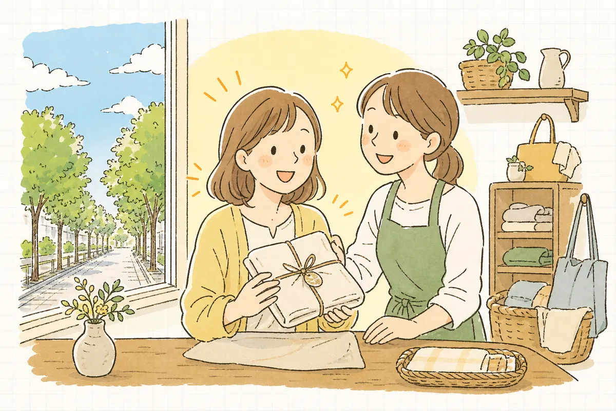 お気に入りに入れていた商品を手に、再び訪れたお客さんが満足げに購入を終え、お店の担当者とともに明るく前を向いている情景
