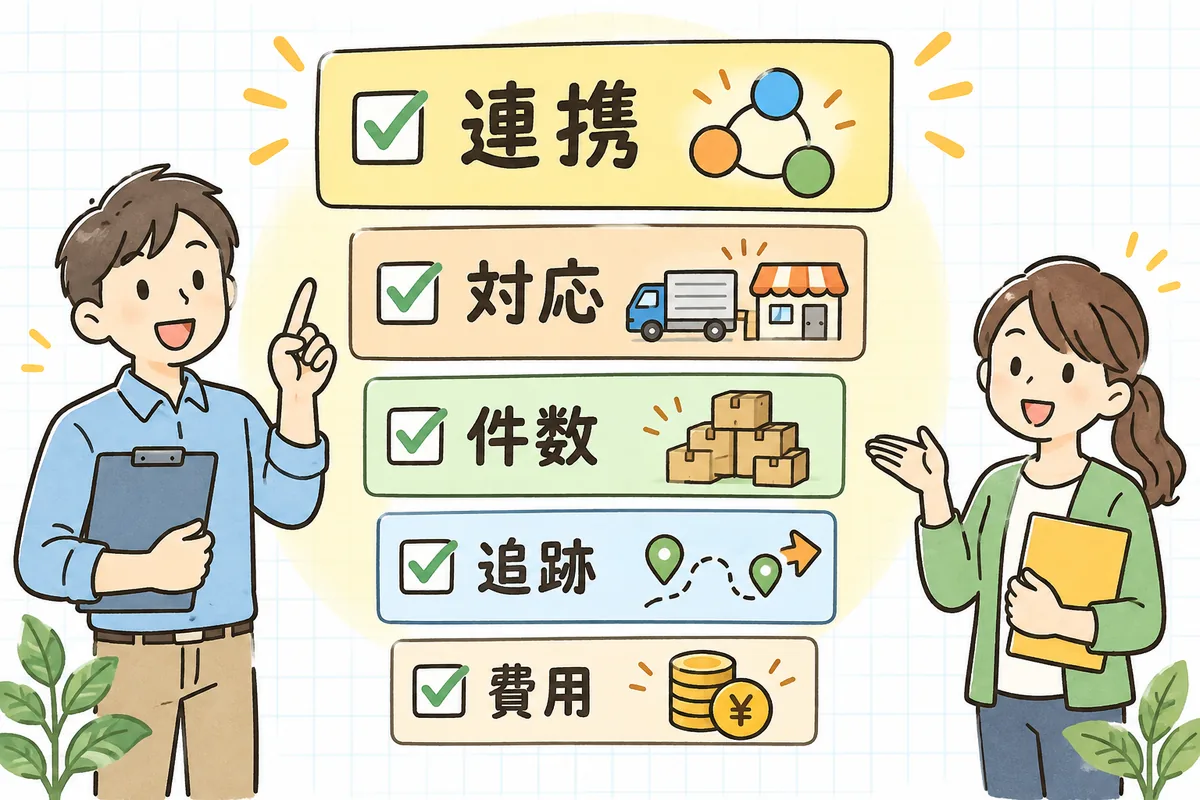 送り状システムを選ぶ5つの軸(連携・対応範囲・件数・追跡と通知・費用)を順番に並べて見比べる概念図
