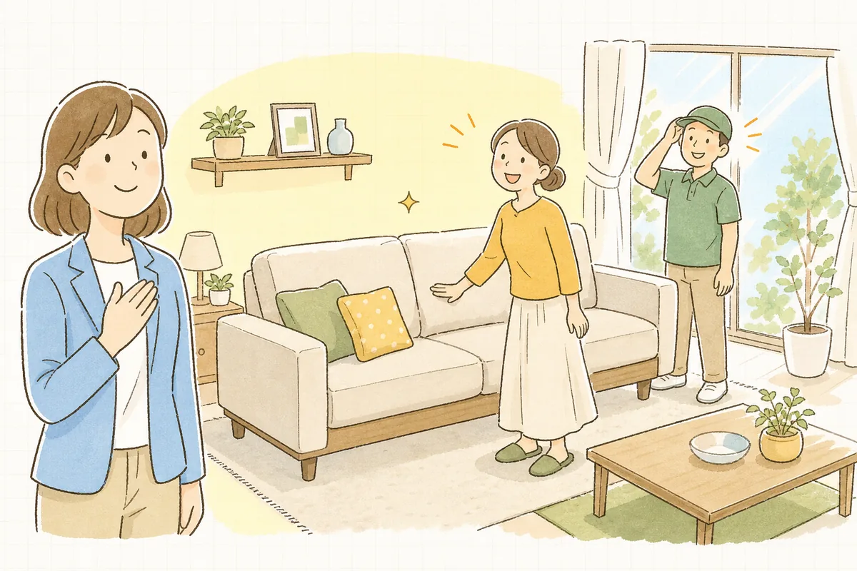 大きな家具が無事に部屋へ届き、お客さんもショップ担当者も笑顔になっている情景