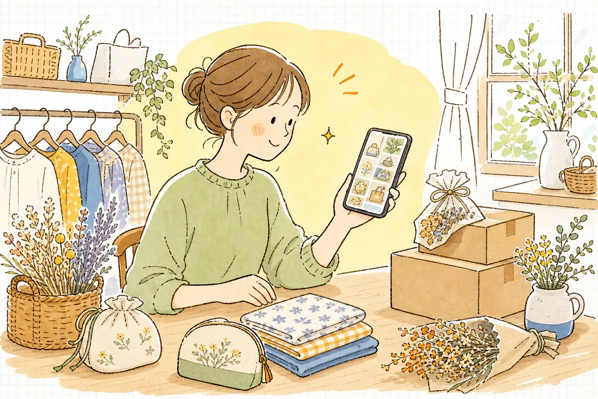 雑貨とアパレルを扱う小さなネットショップのデスクで、スマホのPinterest画面を見ながら「これなら続けられそう」と穏やかに手応えを感じているEC担当者
