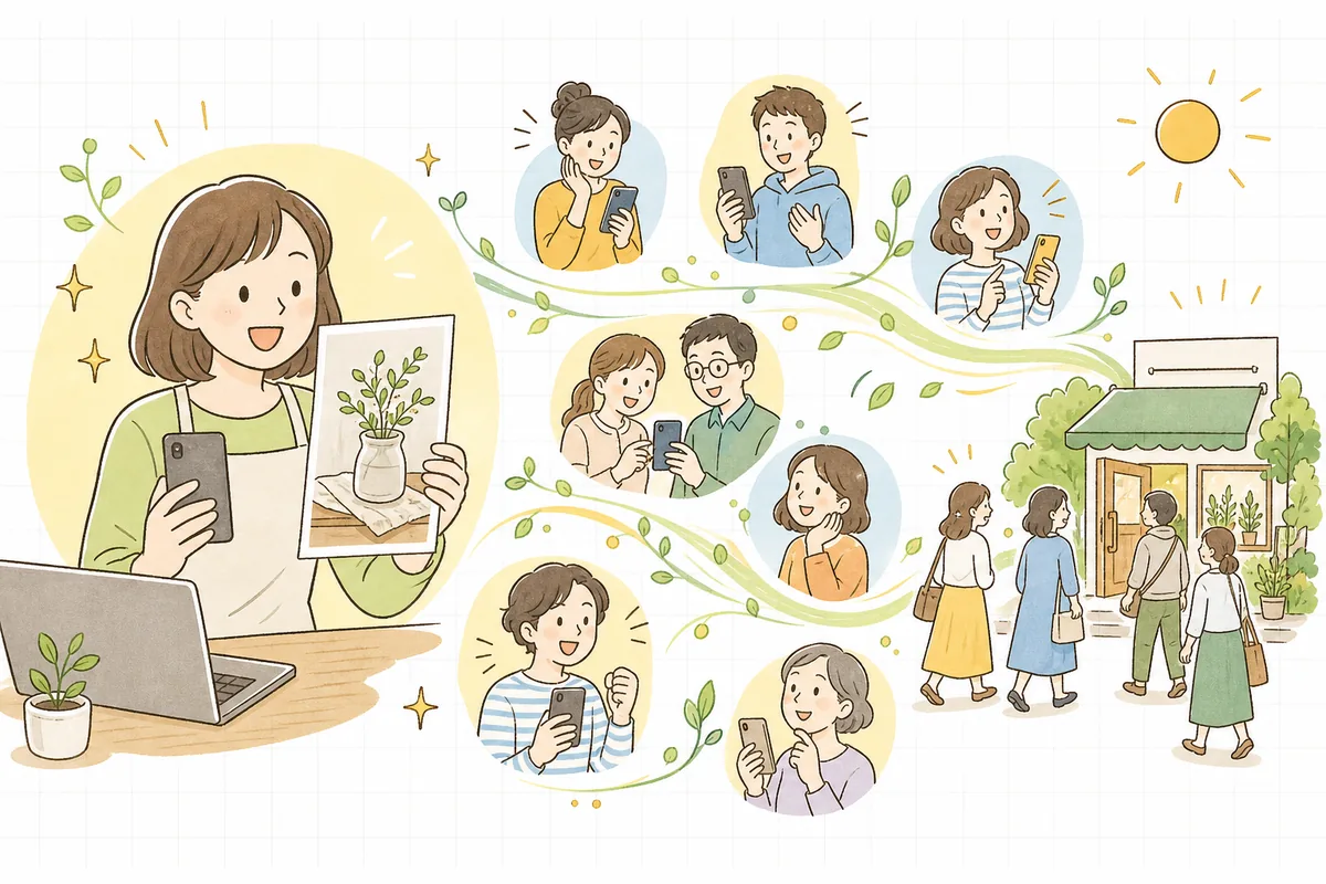 一度置いた縦長の写真が、時間をかけて多くの人に見つけられ、少しずつお店に新しいお客さんを連れてくる明るい様子