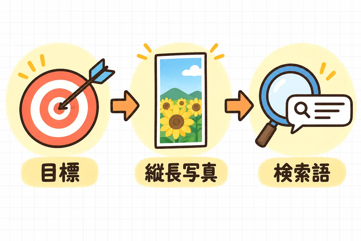 Pinterest広告を始めるときの3つの勘どころ「目標を1つ決める」「縦長写真で暮らしを見せる」「検索される言葉で届ける」を、左から右へ順に並べて示した図