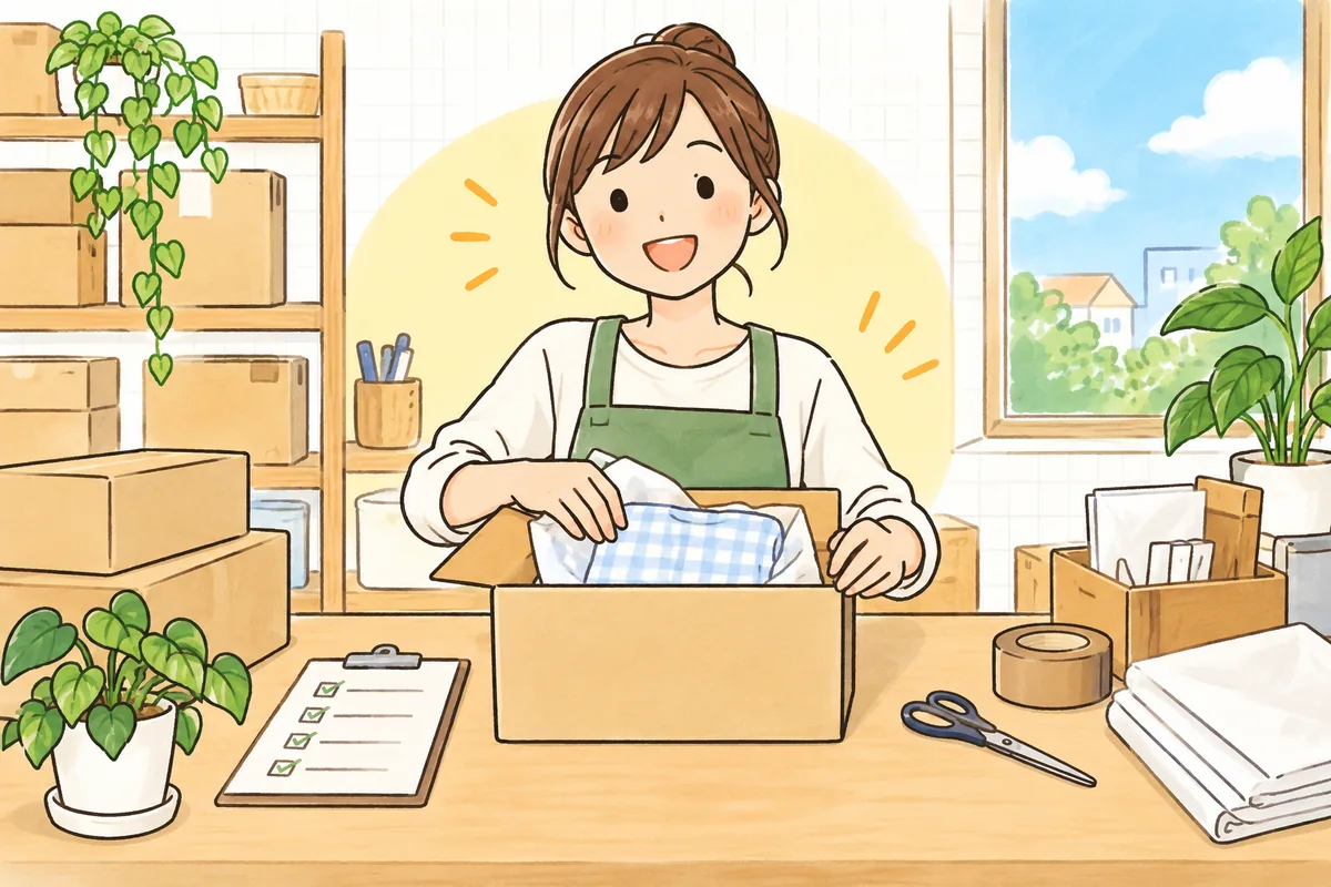 検品と保険の備えを終え、安心した表情で商品を送り出すEC担当者