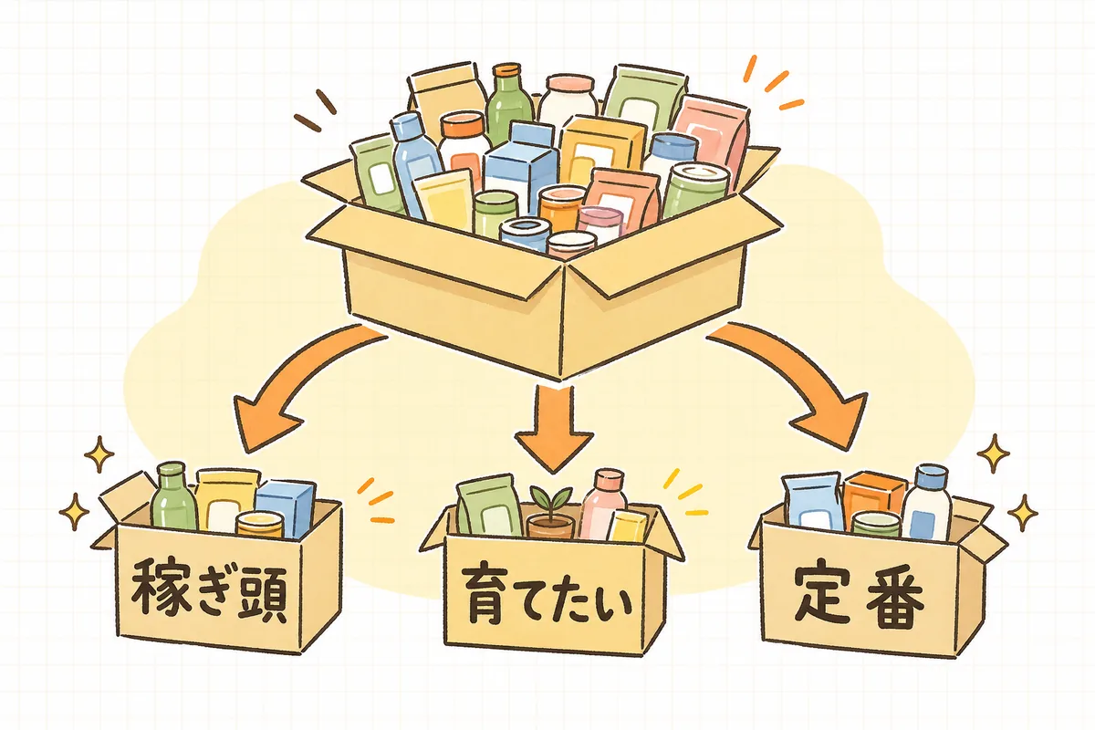 ひとつの大きな商品のかたまりを、稼ぎ頭・育てたい・定番の3つのグループに分けて、それぞれ別の配信ルートへ振り分ける図