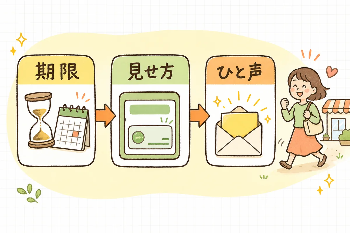 ポイント設計の3ステップ(期限を決める→ルールを見せる→失効前に声かけ)が左から右へ流れ、最後に再来店につながることを示した図