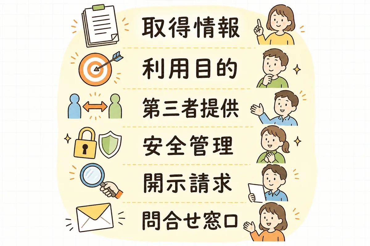 プライバシーポリシーに入れる主な項目(取得する情報・利用目的・第三者提供・安全管理・開示請求・問い合わせ窓口)を順番に並べた構成図