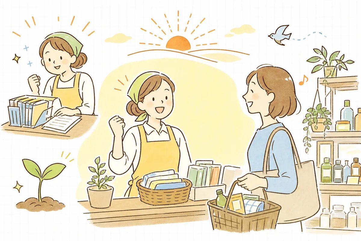 情報の扱いを整え終えて安心したお店の人と、安心して買い物を楽しむお客さんが信頼し合っている明るい情景
