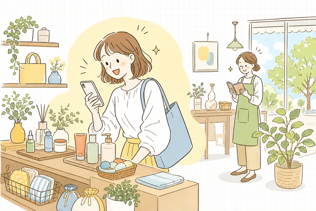 スマートフォンでお気に入りのコスメや雑貨を楽しそうに探す若い世代のお客さんと、新しい販路に期待するお店の担当者の情景