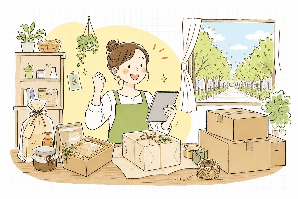 新しい販路で自分の商品が買われ、お客さんとお店の両方に小さな喜びが生まれている明るい情景