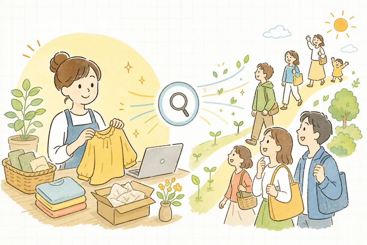 言葉とタグを整えた商品が、検索を通じて少しずつ多くのお客さんに見つけられ、お店に人が集まってくる明るい情景
