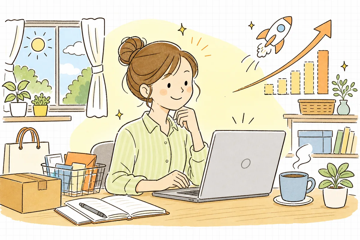 準備を終えて当日を落ち着いて迎え、売れ行きの伸びに笑顔になるEC担当者