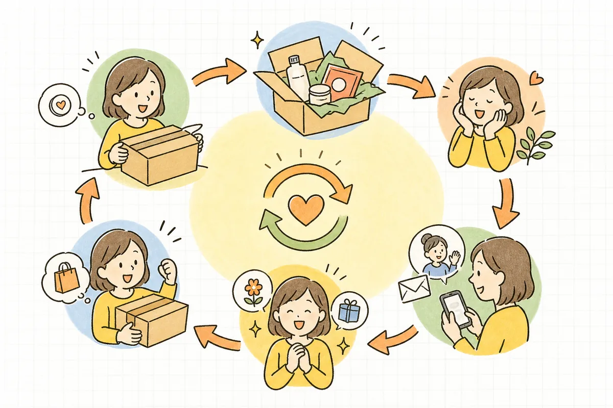 初回購入から同梱・フォローを経て二度目の購入へとつながる循環の図