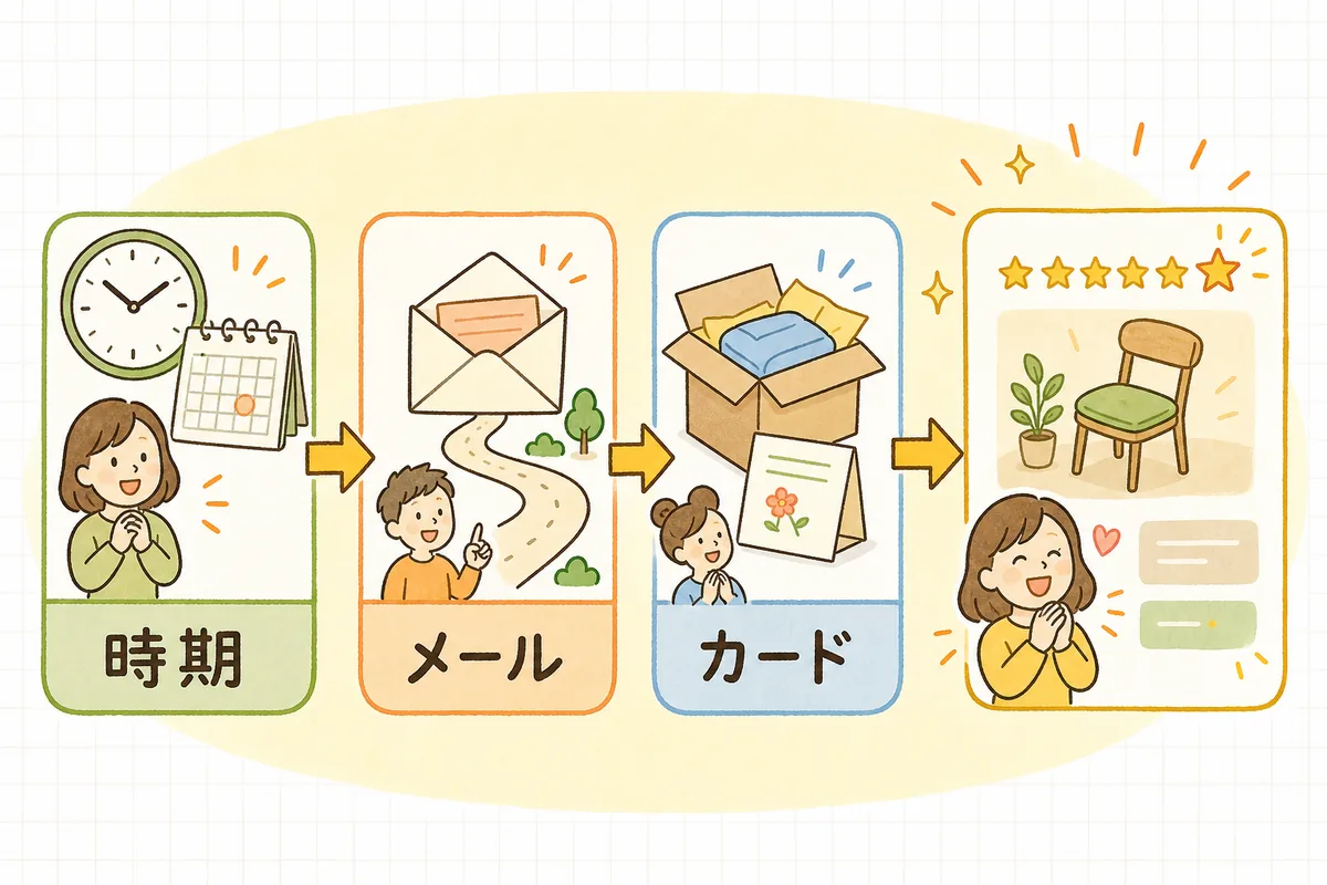 レビューを集める3つの要点（ちょうどよいタイミング→書きやすい依頼メール→手元に残る同梱カード）が並び、最後に商品ページのレビューが増えることを示した図