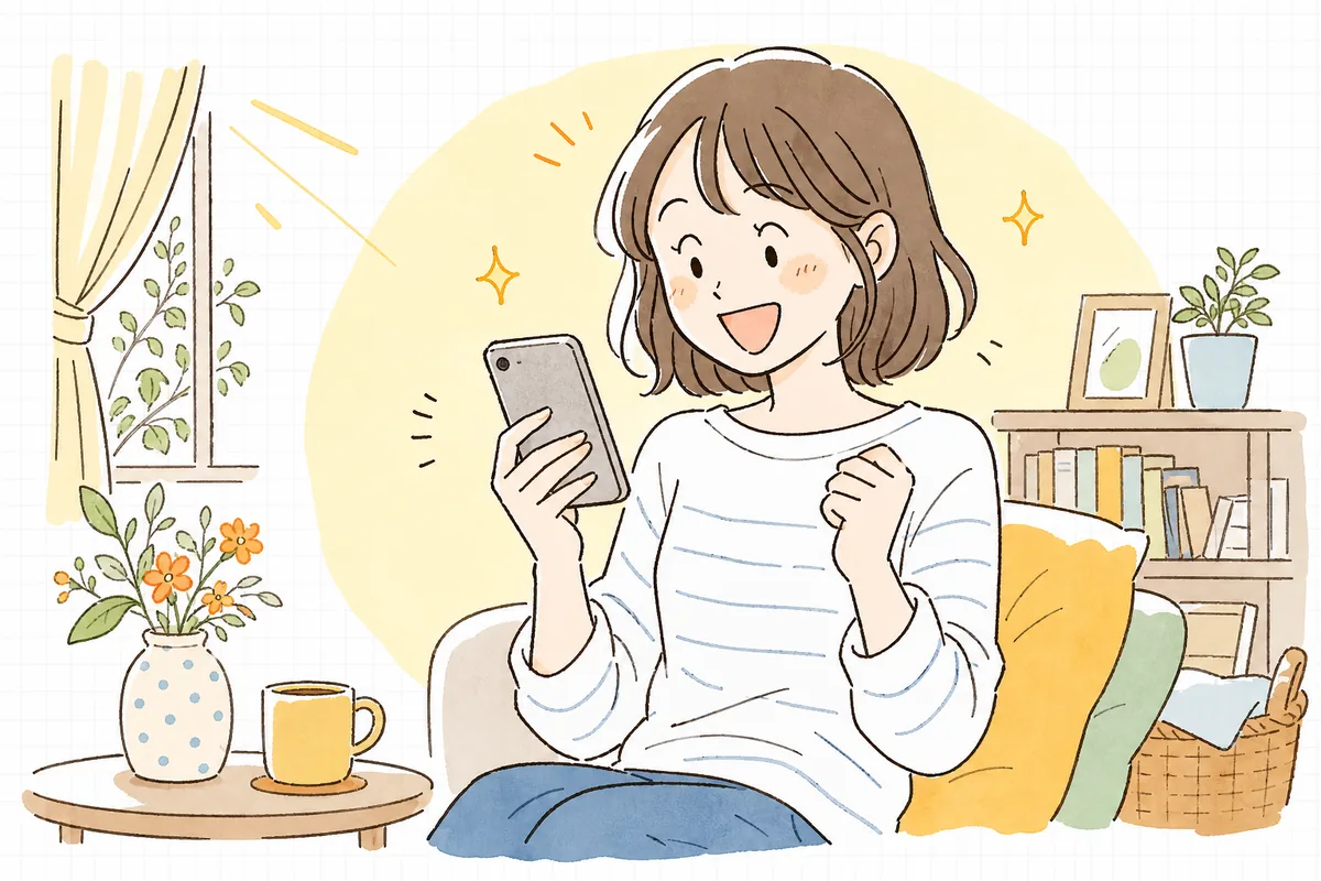 商品ページのレビューを見て安心し、迷いが晴れて笑顔で買い物を進めている人