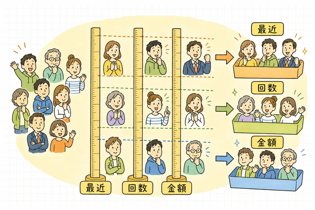 最近・回数・金額という3つのものさしでお客さんを測り、優良客・育てたい客・離れかけの客の3グループに仕分ける様子を示した概念図